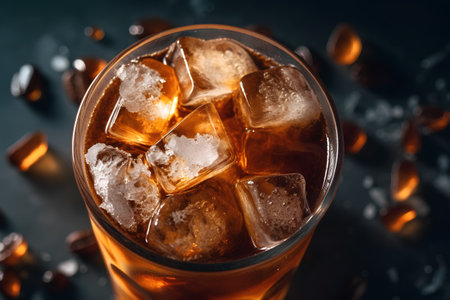 Glass of cola with ice cubes on dark background, top viewの素材
