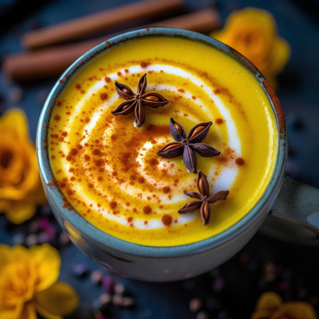 Turmeric latte with cinnamon and star anise on dark backgroundの素材