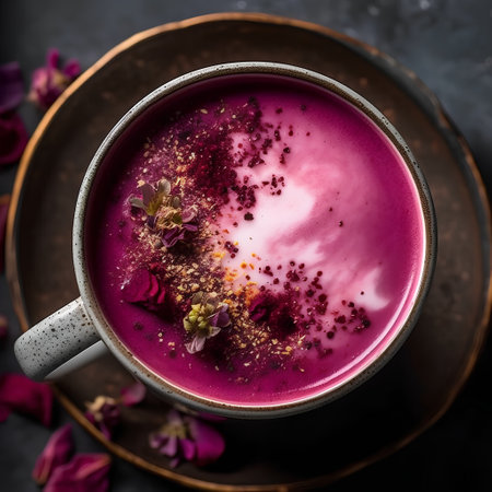Cup of hot beetroot smoothie with flowers on dark backgroundの素材