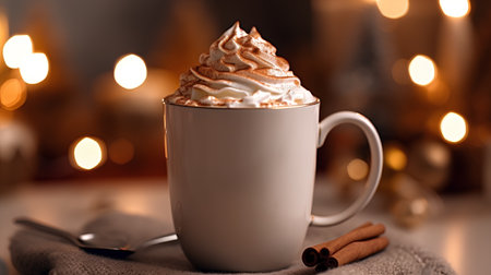 Cup of coffee with whipped cream and cinnamon on blurred christmas lights backgroundの素材