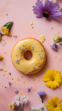 Donut with yellow glaze and flowers on a pink background.の素材
