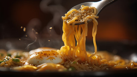 Instant noodles with poached egg on a spoon. Selective focus.の素材