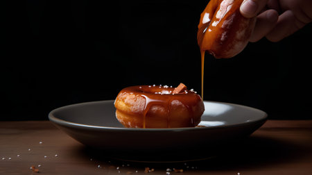 Close-up of hand pouring caramel on baked apple on dark backgroundの素材