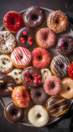 assorted donuts with chocolate, pink glazed and sprinkles donuts.の素材