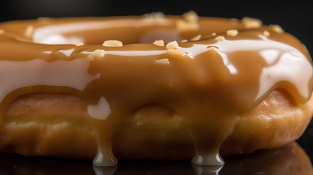 Delicious donut with caramel glaze on a black background.の素材