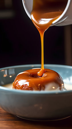 Pouring caramel sauce on caramel candies in bowl, closeupの素材