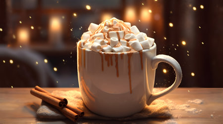 Cup of hot chocolate with marshmallows and cinnamon on wooden tableの素材
