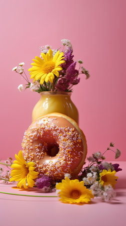 Donut with sprinkles and flowers in a vase on a pink backgroundの素材