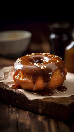 Donut with chocolate glaze on a wooden background. selective focus.の素材