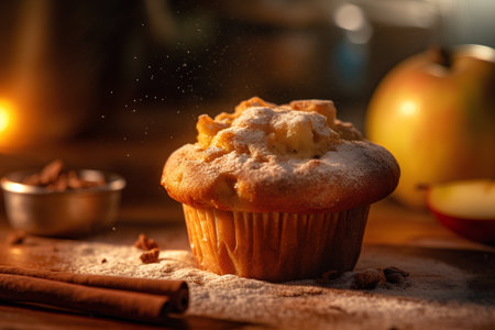 Homemade apple muffin with cinnamon and powdered sugar. Selective focus.の素材