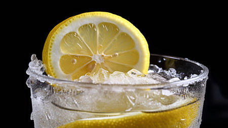 Lemon in a glass of water with ice on a black backgroundの素材