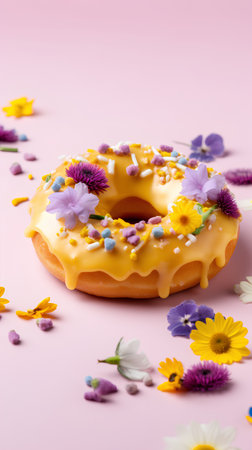 Delicious donut with sprinkles and flowers on pink background.の素材