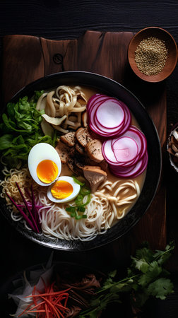 Ramen soup with egg, radish, onion and parsley in a bowl on a wooden background.の素材