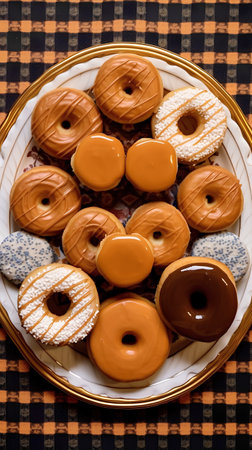 Group of assorted donuts. Chocolate, orange, white and blue.の素材
