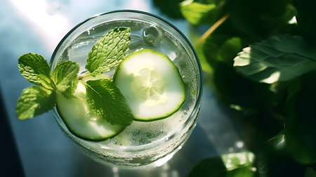 Cucumber lemonade with mint and ice in a glass on a wooden tableの素材