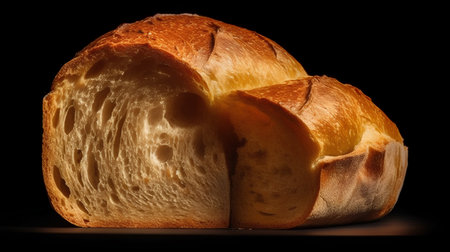 loaf of bread on a black background close-up with shadowの素材