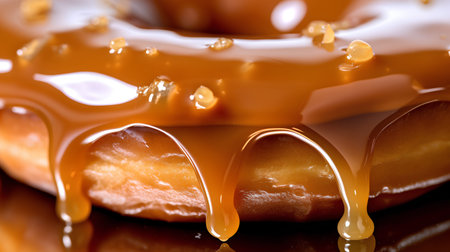 Closeup of delicious glazed donuts with caramel on black backgroundの素材