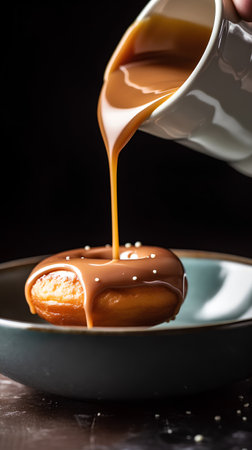 Pouring caramel syrup on donuts in a plate on black backgroundの素材