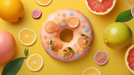 Creative layout made of fresh citrus fruits and donut on yellow backgroundの素材