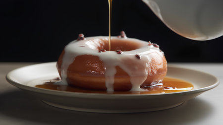 Pouring chocolate syrup on a glazed donut, selective focusの素材