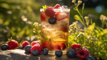 Refreshing summer berry mojito cocktail with strawberries, raspberries and blueberries.の素材