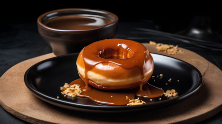 Coffee with caramel glaze on a black plate, selective focus.の素材
