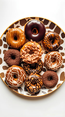 Group of assorted donuts with chocolate frosted, pink glazed and sprinkles donuts.の素材