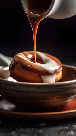Pouring syrup on a chocolate pancake, shallow depth of fieldの素材