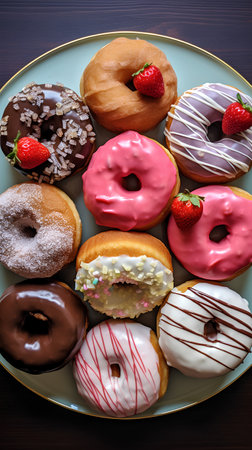 assorted donuts with chocolate frosted, pink glazed and sprinkles donuts.の素材