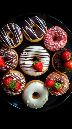 Donuts with chocolate glaze and strawberries on a black background.の素材