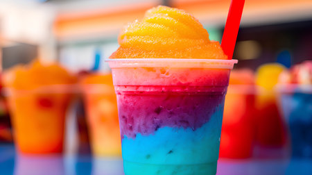 Fruit smoothies in a plastic cup on a colorful background.の素材