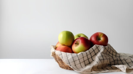 Apples in a basket on a white table and a gray backgroundの素材
