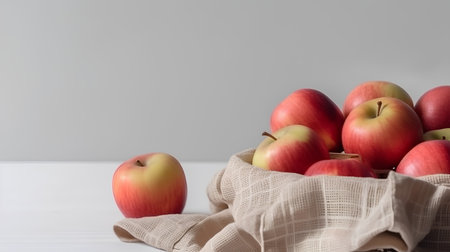 Apples in a basket on a white table with a gray backgroundの素材