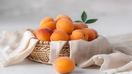 Ripe apricots in a basket on a white tableclothの素材