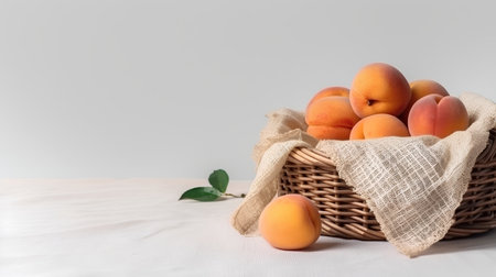 Ripe apricots in a wicker basket on a light backgroundの素材