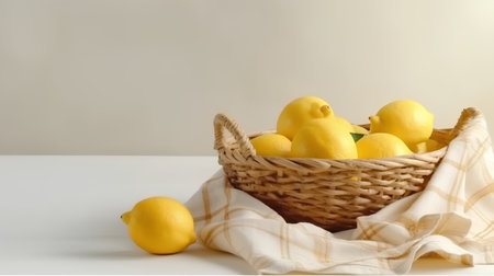 Lemons in a basket on a white table with a towelの素材