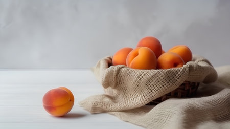 Ripe apricots in a basket on a white wooden backgroundの素材