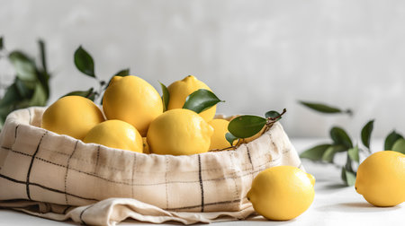Fresh lemons in a basket on a white background with copy spaceの素材
