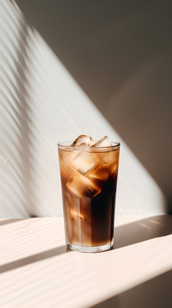 glass of cola with ice cubes on table in sunlight with shadowsの素材