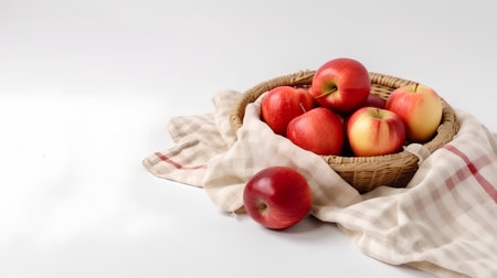 Red apples in a basket on a white background with space for textの素材