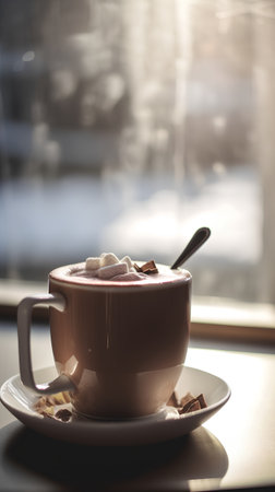 Cup of hot chocolate with marshmallows on the background of the windowの素材