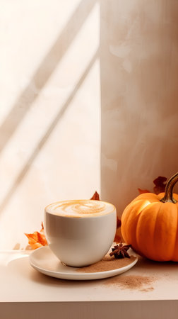 Cappuccino with pumpkin and autumn leaves on white table.の素材