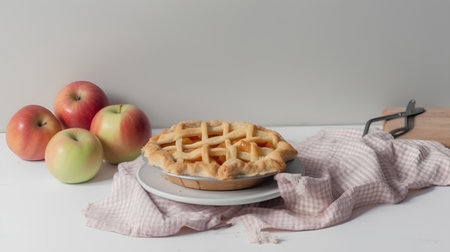 Apple pie and fresh apples on a white marble table with copy spaceの素材