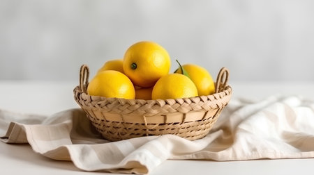 Ripe lemons in a wicker basket on a light backgroundの素材