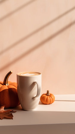 cup of coffee and pumpkins on white table near beige wallの素材