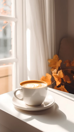 Cup of coffee on the windowsill with autumn leaves on the backgroundの素材