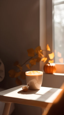 Cup of coffee with pumpkin on table near window at autumn dayの素材