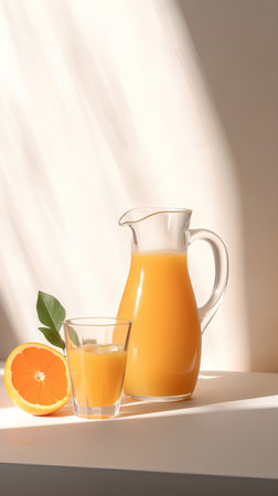Fresh orange juice in a glass and jug on a light background.の素材