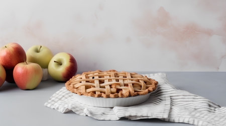 Apple pie in a ceramic bowl with apples on a light background.の素材