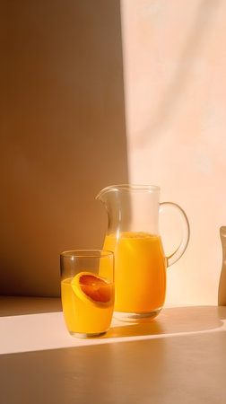 Orange juice in a glass jug and a glass on a light backgroundの素材
